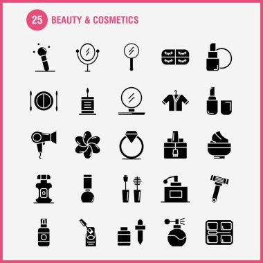 Güzellik ve kozmetik katı glif simgeleri ayarlamak için Infographics, mobil Ux/UI Kit ve baskı tasarımı. Şunları içerir: Yüz, Vakfı, sıvı, makyaj, güzellik, fırça, makyaj, güzellik, Icon Set - vektör