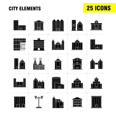 Şehir öğeleri katı glif Icons Set için Infographics, mobil Ux/UI Kit ve baskı tasarımı. Şunları içerir: Tower, Bina, şehir, Office, binalar, Tower, şehir, Office, Eps 10 - vektör