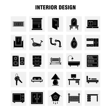 İç tasarım sağlam glif Icons Set için Infographics, mobil Ux/UI Kit ve baskı tasarımı. Şunları içerir: Halı, mobilya, ev, pencere, ev, ev, kapı, giriş, Eps 10 - vektör
