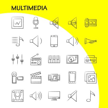 Multimedya el çekilmiş Icon Web, baskı ve mobil Ux/UI için Kit. Gibi: cep, cep, telefonu, donanım, kamera, Video, resim, Film, piktogram paketi. -Vektör