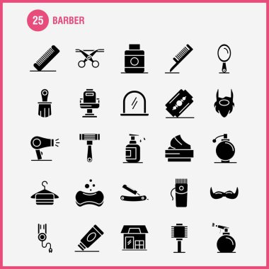 Katı glif Icons Set Infographics, mobil Ux/UI için berber Kit ve baskı tasarımı. Şunları içerir: Kuaför, yüz, ayna, Kuaför, güzellik, sandalye, saç, Kuaför, Icon Set - vektör