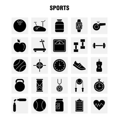 Web, baskı ve mobil Ux/UI için katı glif simge spor takımı. Gibi: basketbol, basketbol topu, top, oyun, spor, ödül, madalya, piktogram paketi. -Vektör