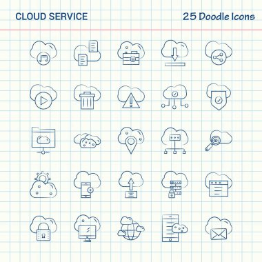 Bulut hizmet 25 Doodle simgeler. Elle çizilmiş iş Icon set