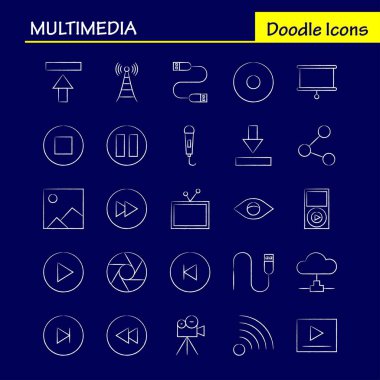 Multimedya el çekilmiş Icon Web, baskı ve mobil Ux/UI için Kit. Gibi: mikrofon, Mike, müzik, ses, hızlı, ileri, hareket, oyun, piktogram paketi. -Vektör