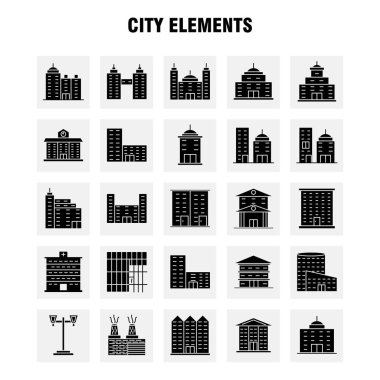 Şehir öğeleri katı glif Icons Set için Infographics, mobil Ux/UI Kit ve baskı tasarımı. Şunları içerir: Tower, Bina, şehir, Office, binalar, Tower, şehir, Office, Eps 10 - vektör