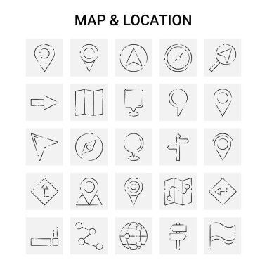 25 el çizilmiş harita ve konum Icon set. Gri arka plan vektör Doodle