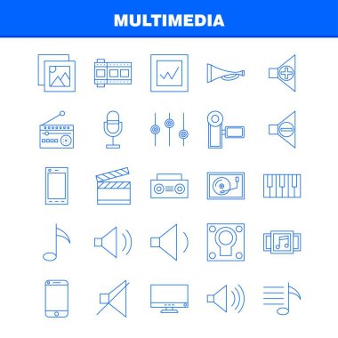 Multimedya satırı simgesi Web, baskı ve mobil Ux/UI için Kit. Gibi: cep, cep, telefonu, donanım, kamera, Video, resim, Film, piktogram paketi. -Vektör