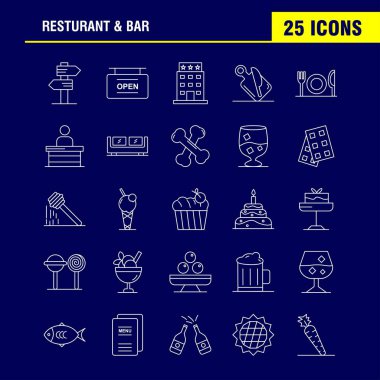 Restoran ve Bar satır simgesi Web, baskı ve mobil Ux/UI için Kit. Gibi: yön, gezinti, işaret, yönetim kurulu, Hotel, Masa, açık, işaret, sembol paketi. -Vektör