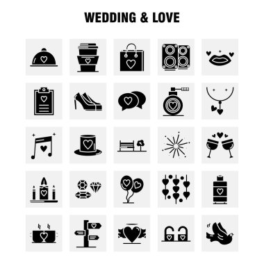 Düğün ve sevgi sağlam glif Icons Set için Infographics, mobil Ux/UI Kit ve baskı tasarımı. Şunları içerir: Pano, kalp, aşk, metin, havai fişek, yangın, aşk, evlilik, Icon Set - vektör