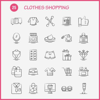 Web, baskı ve mobil Ux/UI için elle çizilmiş simgesi alışveriş giyim seti. Gibi: gömlek, giyim, kat, katlama, elbise, güzellik, kozmetik, krem, piktogram paketi. -Vektör