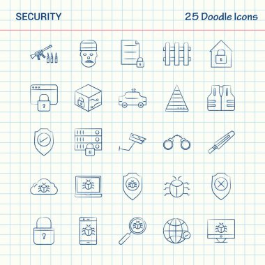 Güvenlik 25 Doodle simgeler. Elle çizilmiş iş Icon set