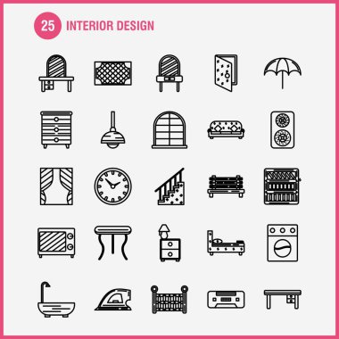 İç tasarım hat simgelerini belirlemek için Infographics, mobil Ux/UI Kit ve baskı tasarımı. Şunları içerir: Anahtar, tak, elektronik, elektrik, tablo, mobilya, ev, tablolar, Eps 10 - vektör