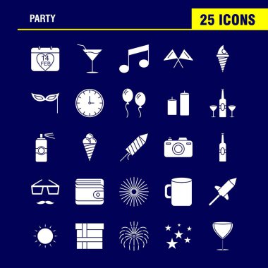 Web, baskı ve mobil Ux/UI için parti katı glif simge seti. Gibi: Takvim, doğum günü, Tarih, yıl, suyu, içki, cam, parti, piktogram paketi. -Vektör