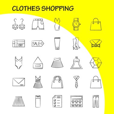 Elle çizilmiş simgeler alışveriş giyim ayarlamak için Infographics, mobil Ux/UI Kit ve baskı tasarımı. Şunları içerir: Elbise, kadın kıyafeti, bayanlar, hazır giyim, ceket, takım elbise kumaşı, giysiler, bezler, Eps 10 - vektör