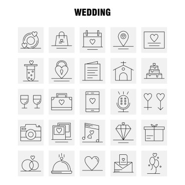 Satır Icons Set Infographics, mobil Ux/UI için düğün Kit ve baskı tasarımı. Şunları içerir: Çanta, el çantası, sevgi, cep, cep, aşk, mikrofon, Icon Set - vektör