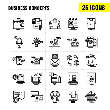 İş kavramları satır Icons Set Infographics, mobil Ux/UI için Kit ve baskı tasarımı. Şunları içerir: Belge, dosya, metin, metin dosyası, fikir, ampul, hedef, koleksiyon Modern Infographic Logo ve piktogram. -Vektör