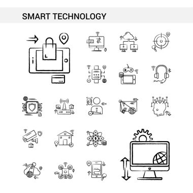 Akıllı teknoloji el çekilmiş Icon set stil, üzerinde beyaz ba izole