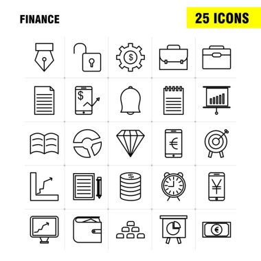 Finans satır Icons Set Infographics, mobil Ux/UI için Kit ve baskı tasarımı. Şunları içerir: Dolar, para, Not, rupi, bölmek, matematik, artı, eksi, koleksiyon Modern Infographic Logo ve piktogram. -Vektör