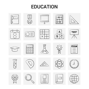 25 el eğitim çekilmiş Icon set. Gri arka plan vektör Doodle