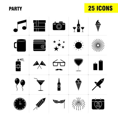 Web, baskı ve mobil Ux/UI için parti katı glif simge seti. Gibi: Takvim, doğum günü, Tarih, yıl, suyu, içki, cam, parti, piktogram paketi. -Vektör
