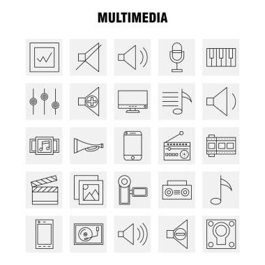Multimedya satırı simgesi Web, baskı ve mobil Ux/UI için Kit. Gibi: cep, cep, telefonu, donanım, kamera, Video, resim, Film, piktogram paketi. -Vektör