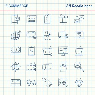 E-ticaret 25 Doodle simgeler. Elle çizilmiş iş Icon set