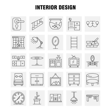İç tasarım hat simgelerini belirlemek için Infographics, mobil Ux/UI Kit ve baskı tasarımı. Şunlardır: Yatak, dolap, mobilya, ev, gardırop, televizyon, Tv, ev, Icon Set - vektör