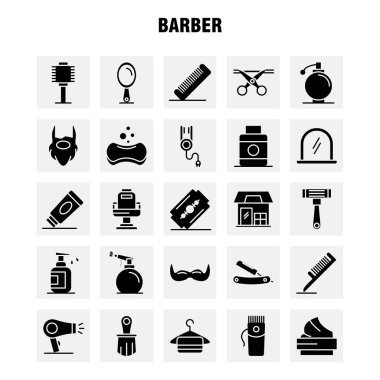 Katı glif Icons Set Infographics, mobil Ux/UI için berber Kit ve baskı tasarımı. Şunları içerir: Kuaför, yüz, ayna, Kuaför, güzellik, sandalye, saç, Kuaför, Icon Set - vektör