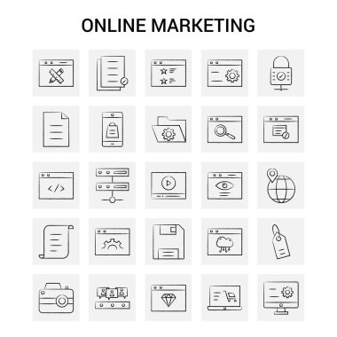25 el çizilmiş Online Pazarlama Icon set. Gri arka plan vektör Doodle