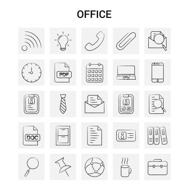 25 el çizilmiş Office simge seti. Gri arka plan vektör Doodle