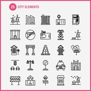 Şehir öğeleri satır Icons Set Infographics, mobil Ux/UI için Kit ve baskı tasarımı. Şunları içerir: Araba, araç, seyahat, ulaşım, salıncak, çocuklar, parklar, oyun, Eps 10 - vektör
