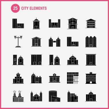 Şehir öğeleri katı glif Icons Set için Infographics, mobil Ux/UI Kit ve baskı tasarımı. Şunları içerir: Tower, Bina, şehir, Office, binalar, Tower, şehir, Office, Eps 10 - vektör