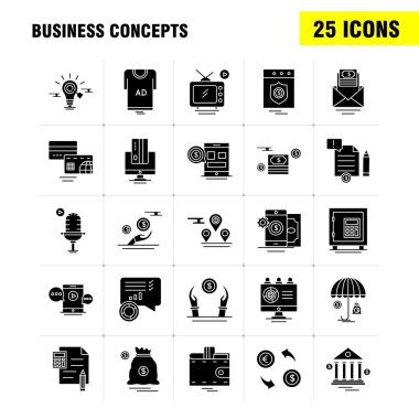 İş kavramları katı glif Icons Set için Infographics, mobil Ux/UI Kit ve baskı tasarımı. Şunları içerir: Ölçek, vektör, Pusula, eğitim, monitör, bilgisayar, Avatar, paylaşım, koleksiyon Modern Infographic Logo ve piktogram. -Vektör