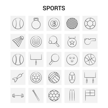 25 el spor çekilmiş Icon set. Gri arka plan vektör Doodle