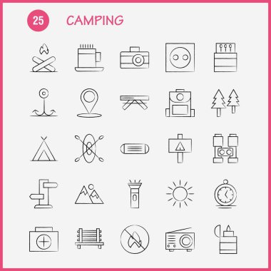 Kamp el çekilmiş Icon Pack için tasarımcılar ve geliştiriciler. Kamp, Outdoor, tezgah, seyahat, kamp, simgeler maç, açık, ateş, vektör