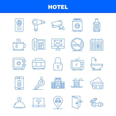 Hotel çizgi Icons Set için Infographics, mobil Ux/UI Kit ve baskı tasarımı. Şunlardır:, Kontrol, kontrol dışarı kapı, otel, cep, cep, Icon Set - vektör