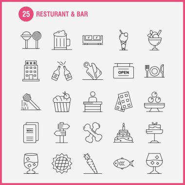 Restoran ve Bar satır simgesi Web, baskı ve mobil Ux/UI için Kit. Gibi: yön, gezinti, işaret, yönetim kurulu, Hotel, Masa, açık, işaret, sembol paketi. -Vektör