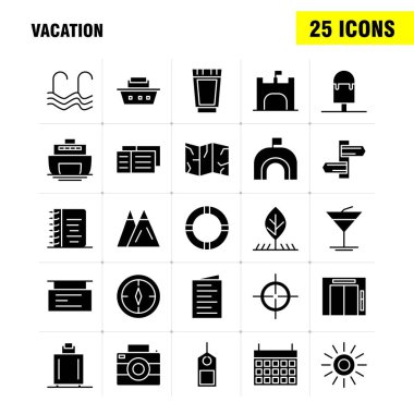 Tatil katı glif Icons Set için Infographics, mobil Ux/UI Kit ve baskı tasarımı. Şunları içerir: Piknik, yaz, tatil, Bina, tatil, şehir, bayrak, yönetim kurulu, Icon Set - vektör