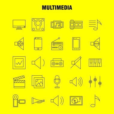 Multimedya satırı simgesi Web, baskı ve mobil Ux/UI için Kit. Gibi: cep, cep, telefonu, donanım, kamera, Video, resim, Film, piktogram paketi. -Vektör