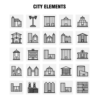 Şehir öğeleri satır Icons Set Infographics, mobil Ux/UI için Kit ve baskı tasarımı. Şunları içerir: Tower, Bina, şehir, Office, binalar, Tower, şehir, Office, Eps 10 - vektör