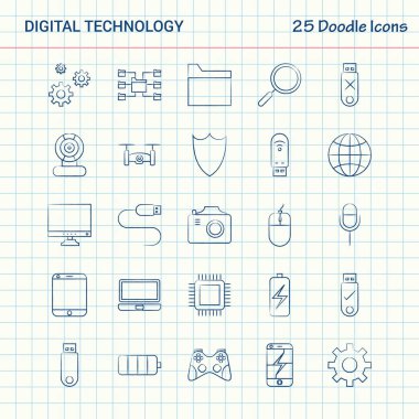 Dijital teknoloji 25 Doodle simgeler. Elle çizilmiş iş Icon set