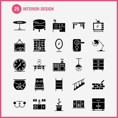 İç tasarım sağlam glif Icons Set için Infographics, mobil Ux/UI Kit ve baskı tasarımı. Şunlardır: Yatak, dolap, mobilya, ev, gardırop, televizyon, Tv, ev, Icon Set - vektör