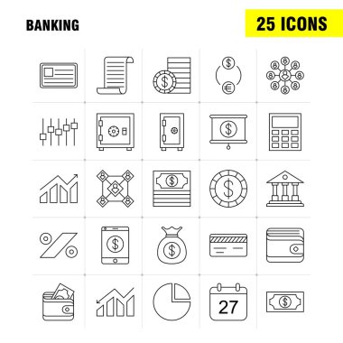 Web, baskı ve mobil Ux/UI için satırı simgesi bankacılık Kit. Gibi: Calc, hesaplamak, hesap makinesi, cihaz, işlem, kullanıcı, kullanıcı, grup, piktogram paketi. -Vektör