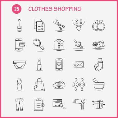 Web, baskı ve mobil Ux/UI için elle çizilmiş simgesi alışveriş giyim seti. Gibi: dosya, satış, alışveriş, alışveriş, oranı, el çantası, etiket, piktogram paketi. -Vektör