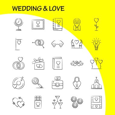 Düğün ve aşk elle çizilmiş simgeler ayarlamak için Infographics, mobil Ux/UI Kit ve baskı tasarımı. Şunları içerir: Ampul, fikir, aşk, kalp, düğün, Film, Video, aşk, Icon Set - vektör
