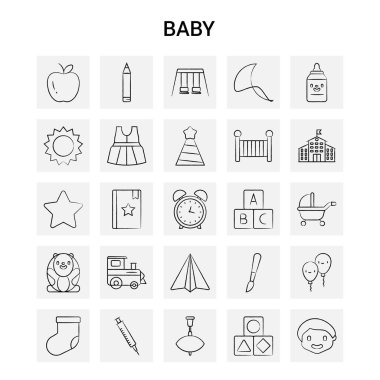 25 el çizilmiş bebek simge seti. Gri arka plan vektör Doodle