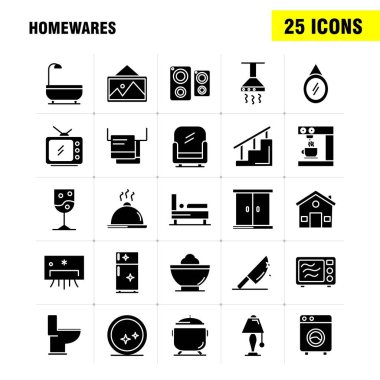 Ev gereçleri katı glif simgeleri ayarlamak için Infographics, cep Ux/UI Kit ve baskı tasarımı. Şunları içerir: Aletleri, ev, ev eşya, ev, Pan, banyo, mobilya, Icon Set - vektör