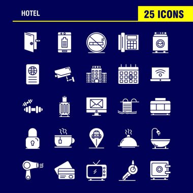 Hotel katı glif Icons Set için Infographics, mobil Ux/UI Kit ve baskı tasarımı. Şunlardır:, Kontrol, kontrol dışarı kapı, otel, cep, cep, Icon Set - vektör