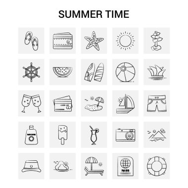 25 el çizilmiş yaz saati Icon set. Gri arka plan vektör Doodle