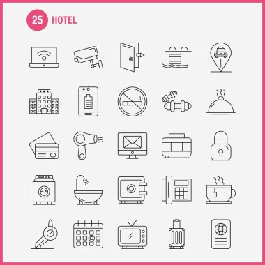Hotel çizgi Icons Set için Infographics, mobil Ux/UI Kit ve baskı tasarımı. Şunlardır:, Kontrol, kontrol dışarı kapı, otel, cep, cep, Icon Set - vektör